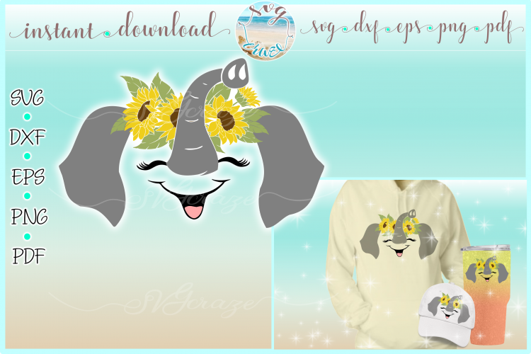 Elephant Face with Sunflowers SVG Dxf Eps Png PDF Files