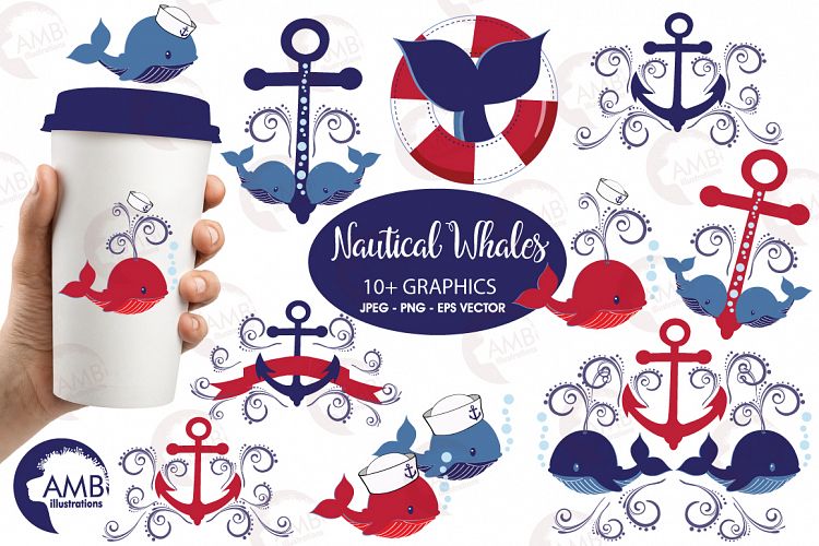 Nautical Whales clipart, graphics, illustrations AMB-926