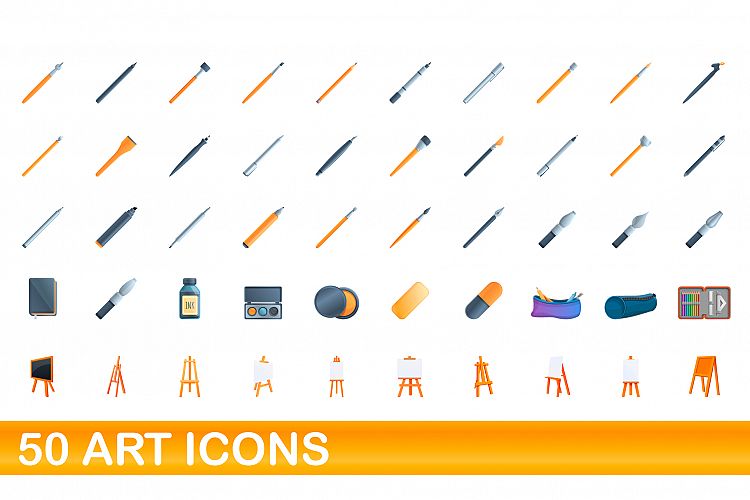50 art icons set, cartoon style example image 1