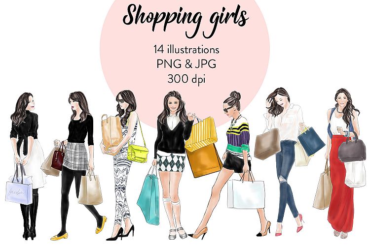 Shopping girls watercolour fashion illustration clipart