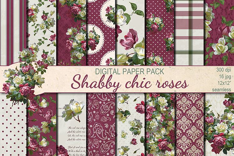 Shabby chic pink roses seamless digital paper pack
