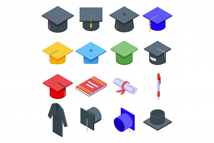 Graduation hat icons set, isometric style example image 1