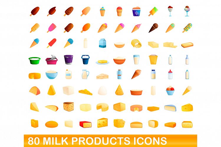 80 milk products icons set, cartoon style example image 1