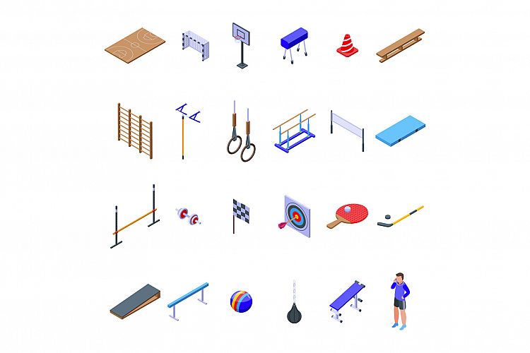 School gym icons set, isometric style