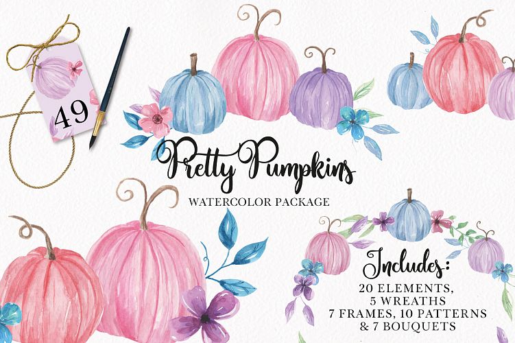 Pumpkin Huge Kit Pink Blue Watercolor Clipart Fall Package