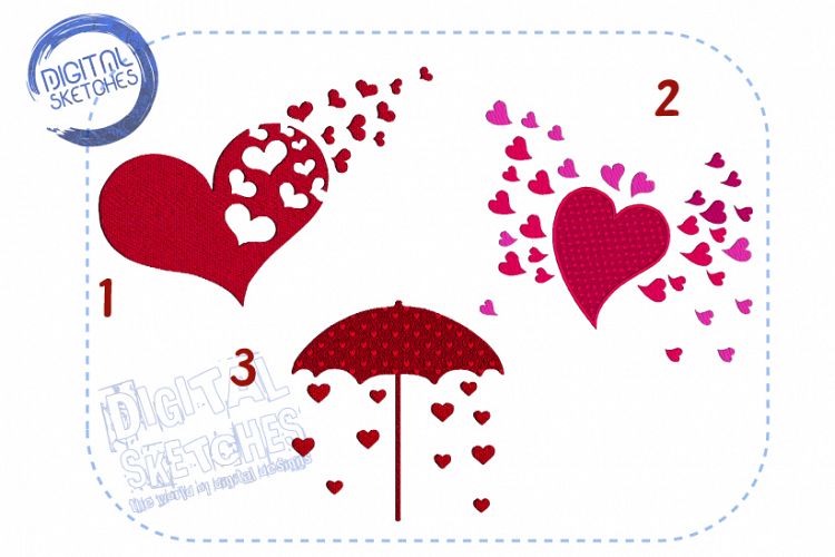 3 Designs Love Heart Rain Set Bundle Machine Embroidery