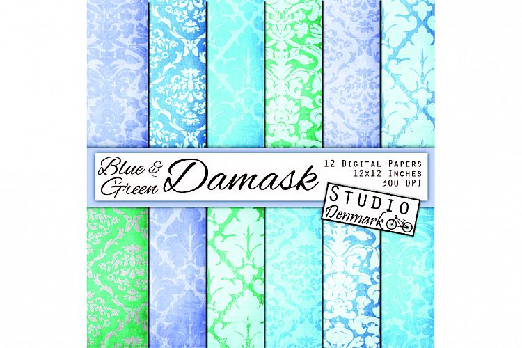 Damask Digital Paper - Blue and Green Shabby Damask