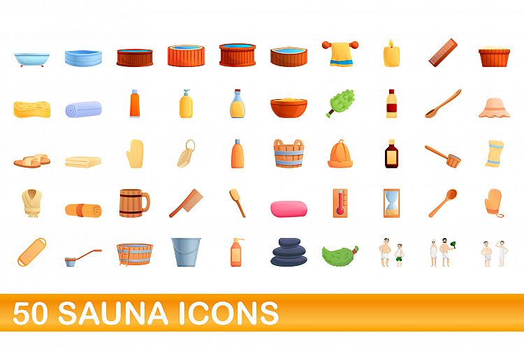 50 sauna icons set, cartoon style example image 1