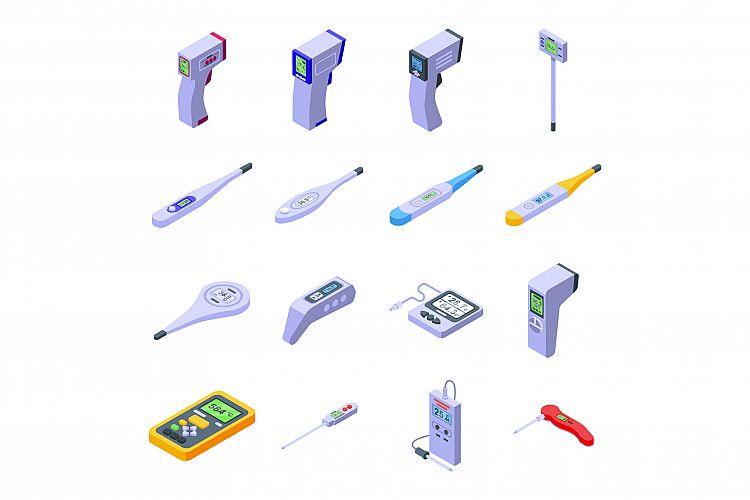 Digital thermometer icons set, isometric style