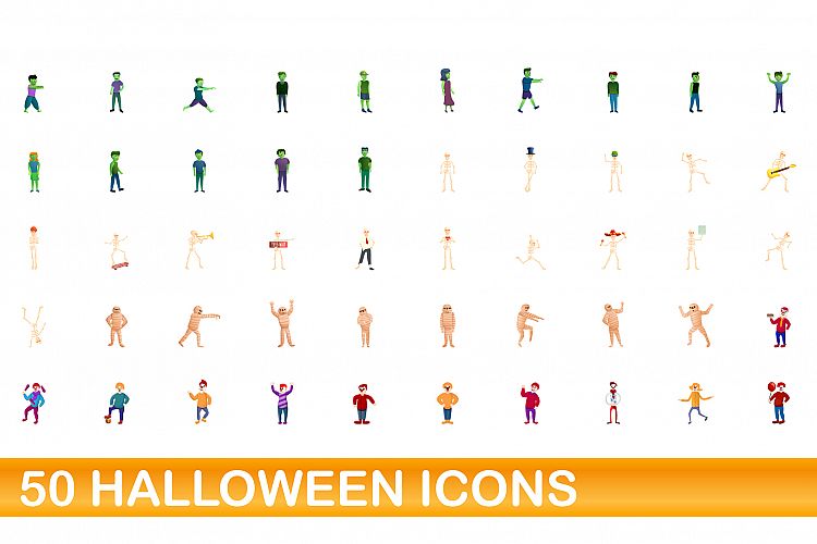 50 halloween icons set, cartoon style