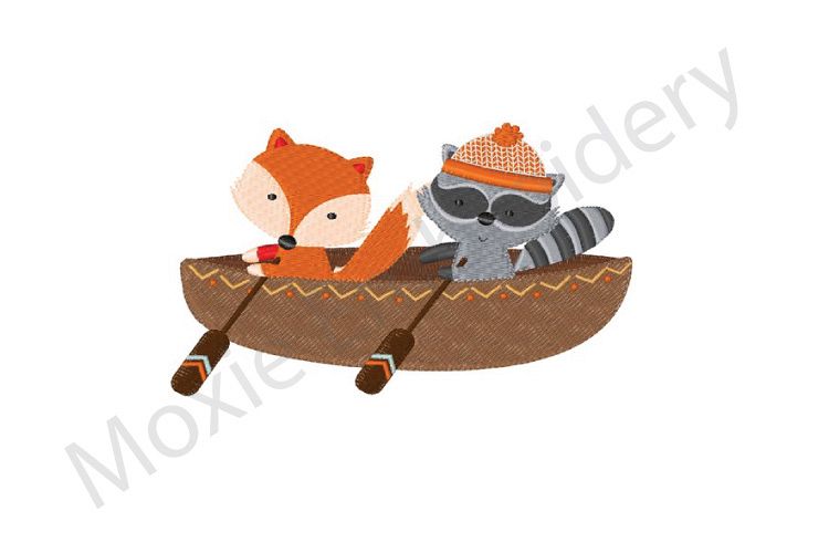 Canoeing Embroidery Design, Fox and Raccoon Canoeing Design