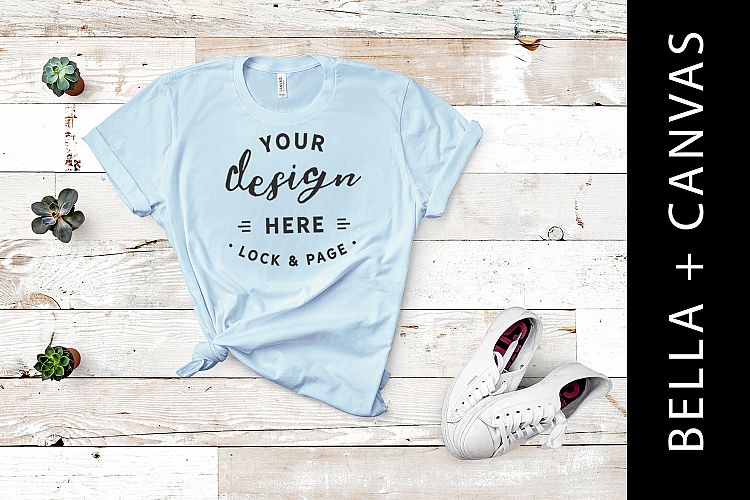 Light Blue Bella Canvas 3001 T-Shirt Flat Lay Rustic Wood