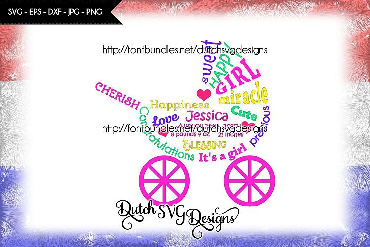 Baby girl cutting file in pram shape, in Jpg Png SVG EPS DXF, baby girl birth announcement, baby girl svg, pram cutting file, pram svg