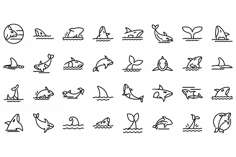 Killer whale icons set, outline style