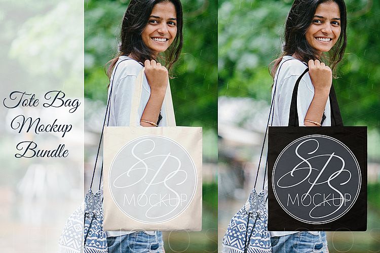 Woman holding Black Tote Bag Mockup Bundle