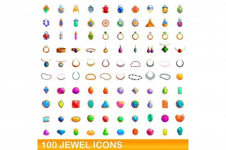 100 jewel icons set, cartoon style example image 1