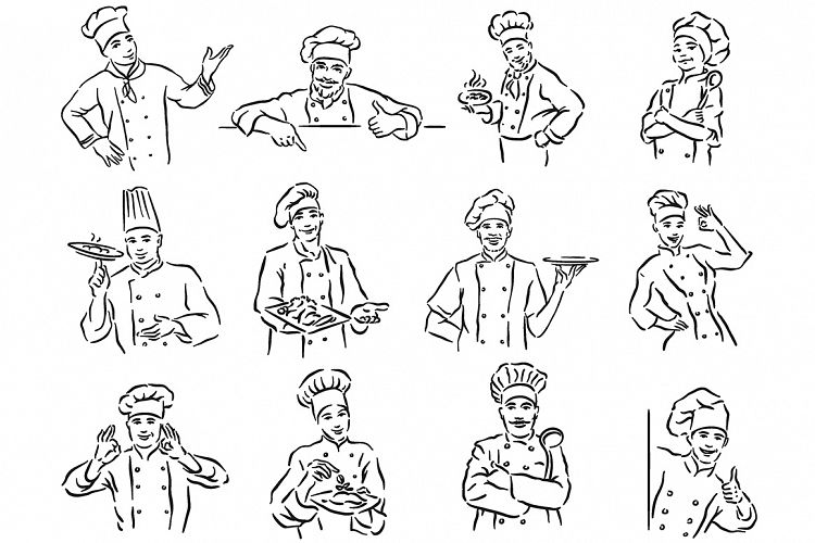 Set of 12 chef portrait sketch.