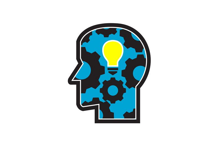 Head with Light Bulb and Cog Retro