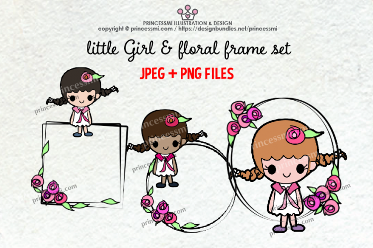 Little Girls & floral frame clipart set