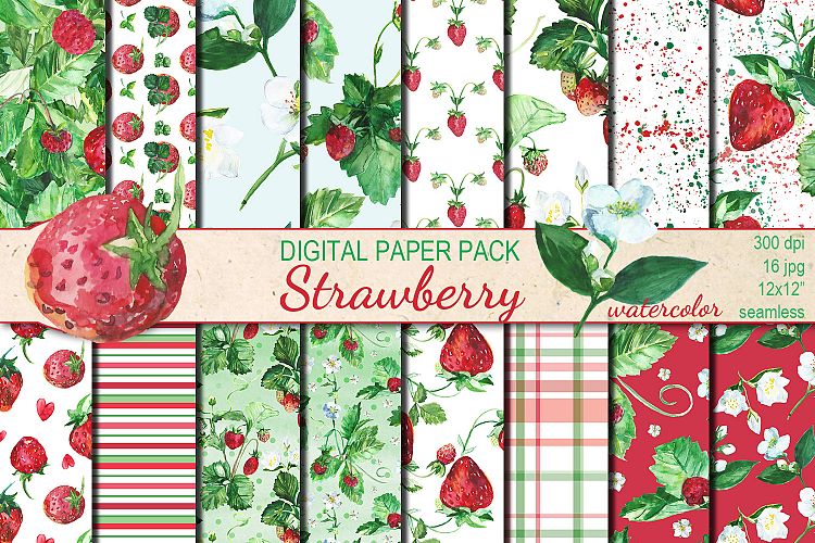 Watercolor Strawberry seamless digital paper pack