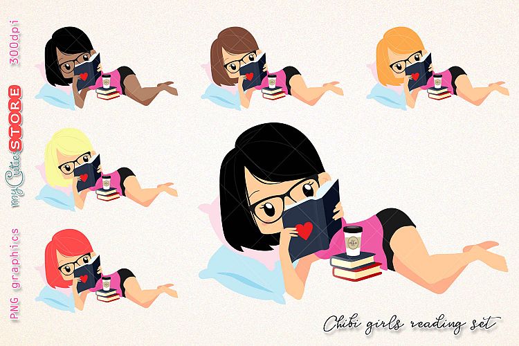 Chibi girl reading a book clipart, woman read a book clip art, png graphics set great for digital planning, stickers, cards, invitations.