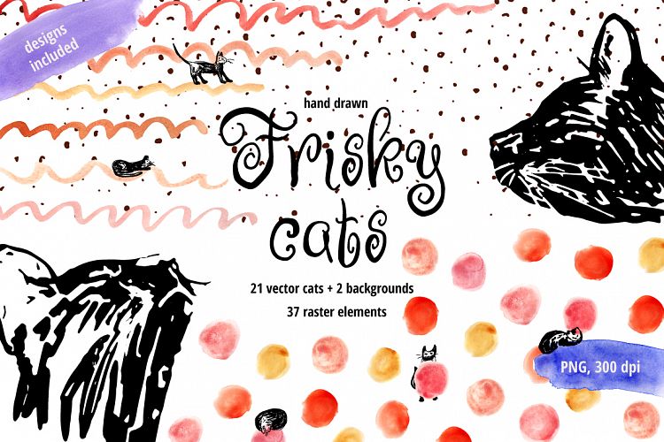 Frisky Cats - watercolor and graphic