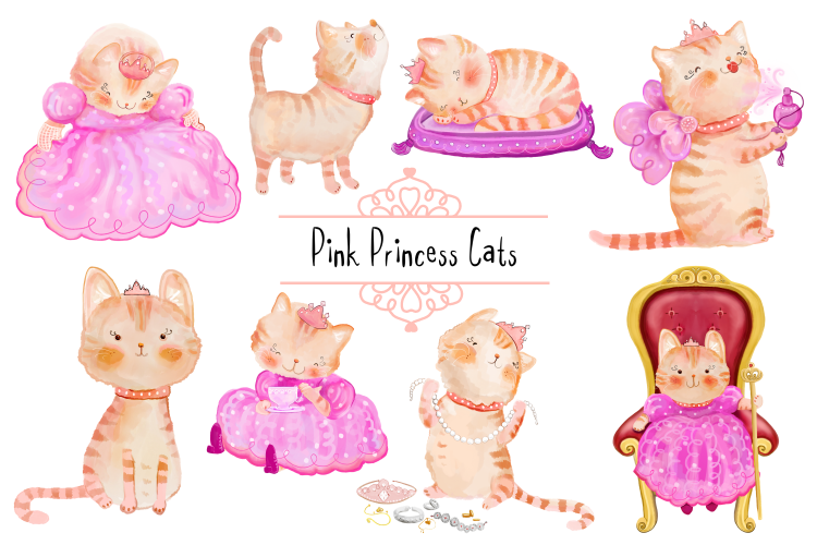 Pink Princess Cats CLIP ART | 8 PNG/JPEG illustrations