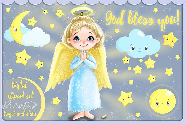 Cute Angel girl with moon and stars Christmas clipart kit