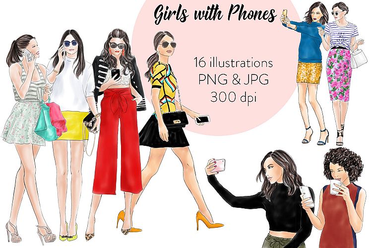 Girls with phones watercolour fashion illustration clipart