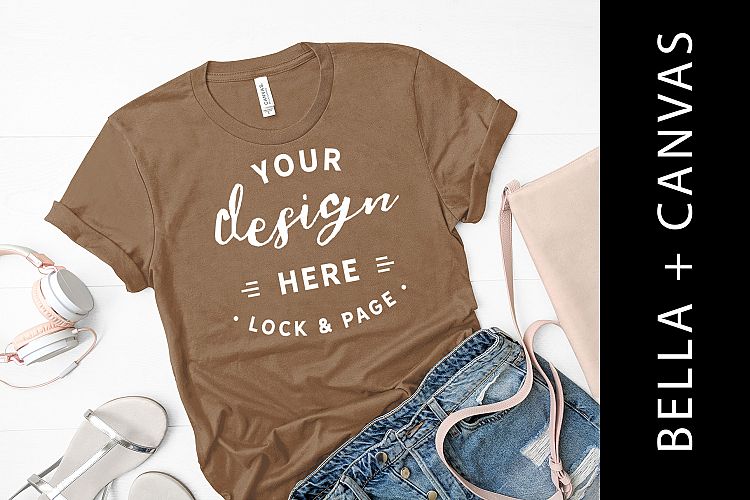 Pebble Brown Bella Canvas 3001 Tshirt Mockup Girls Flat Lay