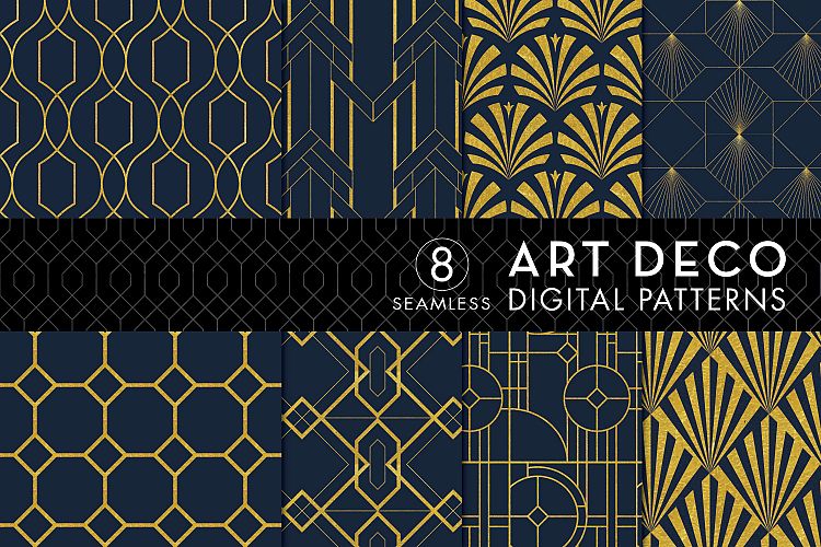 8 Seamless Art Deco Patterns - Gold & Navy Blue - Set 2