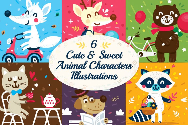 6 Cute Animal Characters Illustrations
