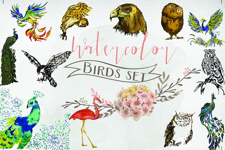Watercolor birds set