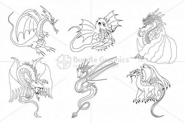 Fictional Dragons Linear Black Vector Set