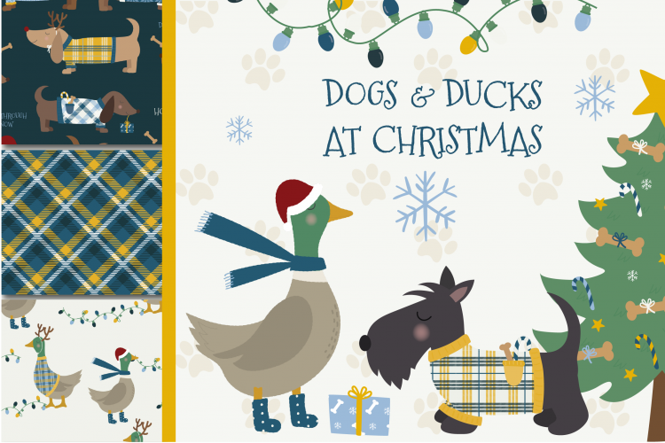 Dogs & Ducks at Christmas clipart & paper set