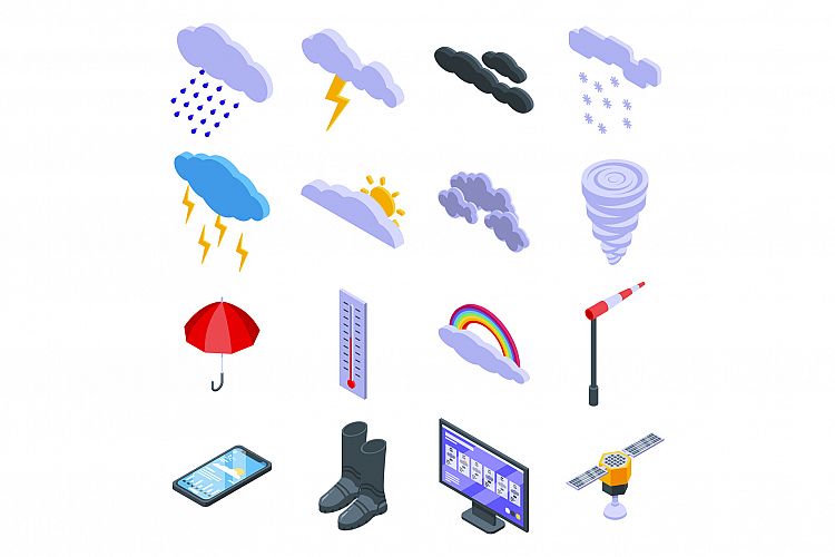 Cloudy weather icons set, isometric style