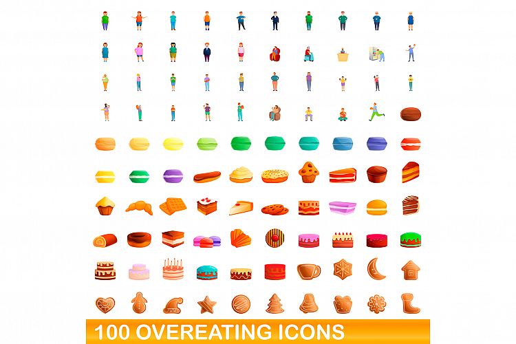 100 overeating icons set, cartoon style example image 1