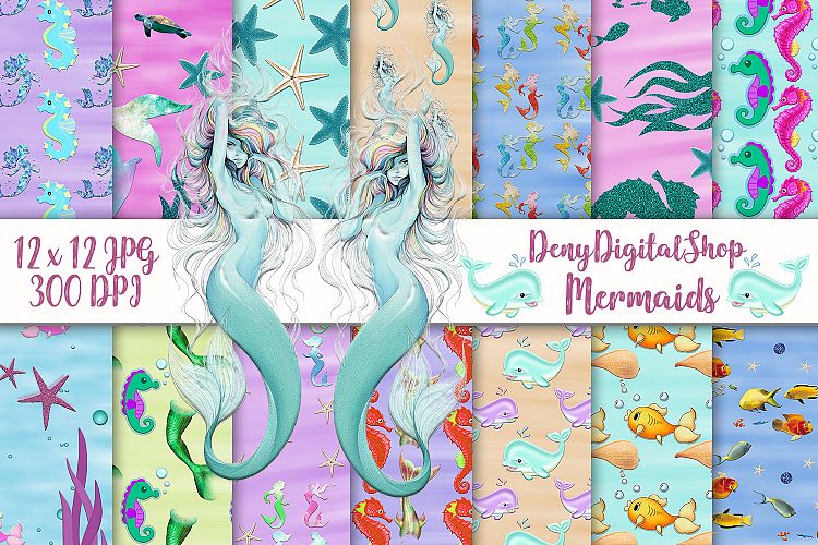 Mermaid Digital Paper, Sealife Scrapbook, Seahorse pattern