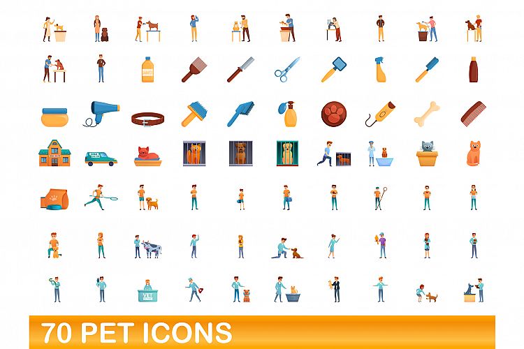 70 pet icons set, cartoon style example image 1