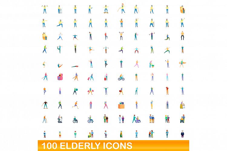 100 elderly icons set, cartoon style example image 1
