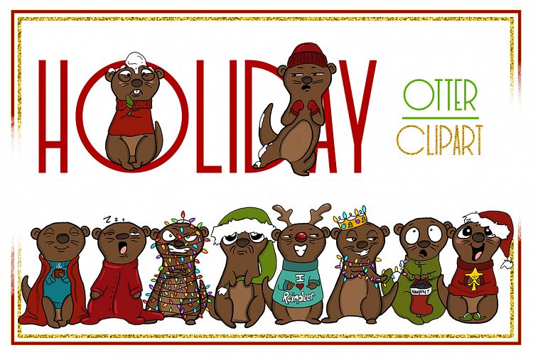 Holiday Clipart-Otter Clipart-Otter Christmas Clipart-Cartoon-Sticker Clipart-Otter art-Digital-Otter XMAS Drama-Commercial-Otter Love