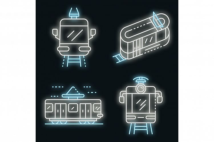 Tram car icons set vector neon