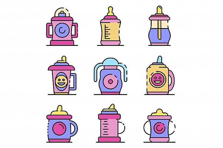 Sippy cup icons set line color vector example image 1