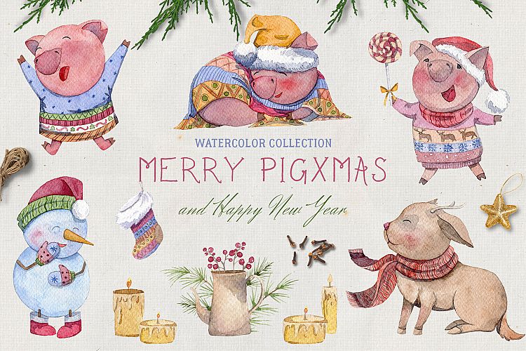 Merry pigsmas. Watercolor collection