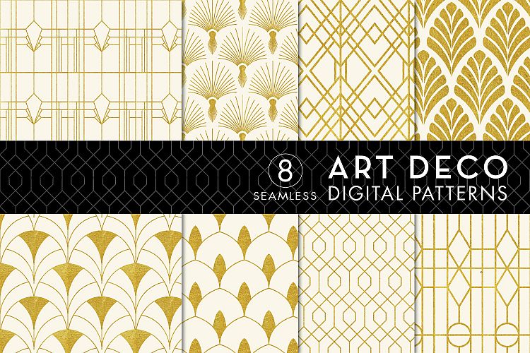 8 Seamless Art Deco Patterns - Ivory & Gold Set 1