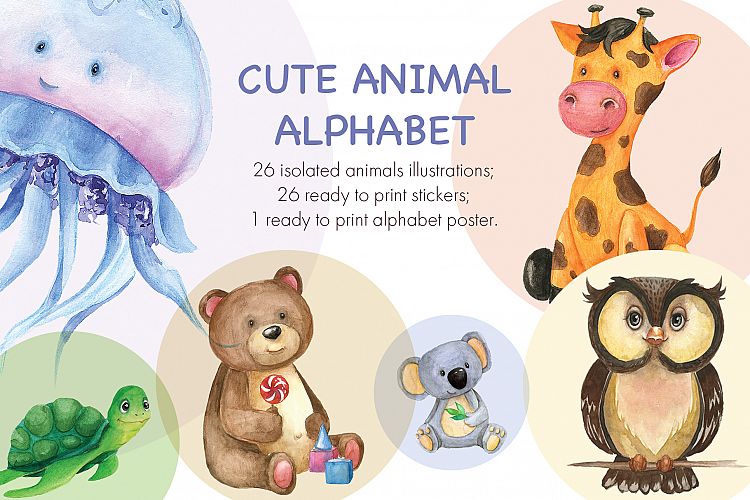 Cute watercolor animal alphabet