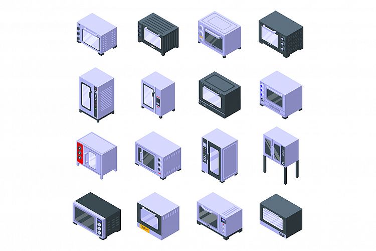 Convection oven icons set, isometric style