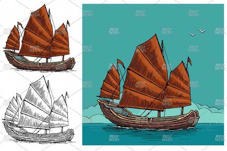 Junk floating on the sea waves. engraving