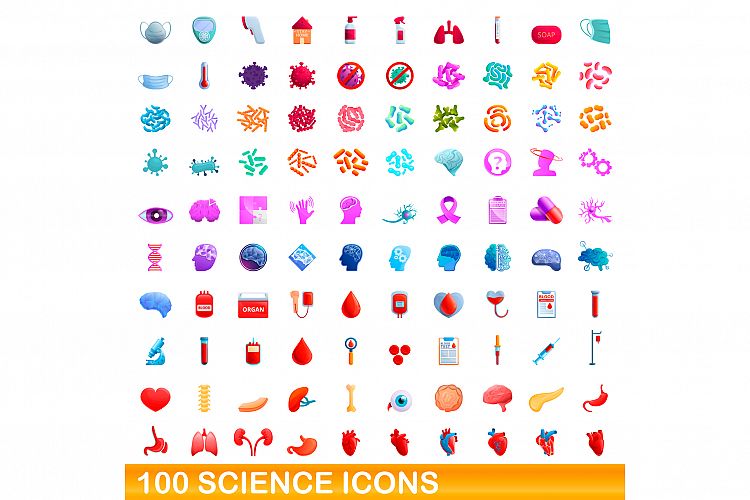 100 science icons set, cartoon style example image 1