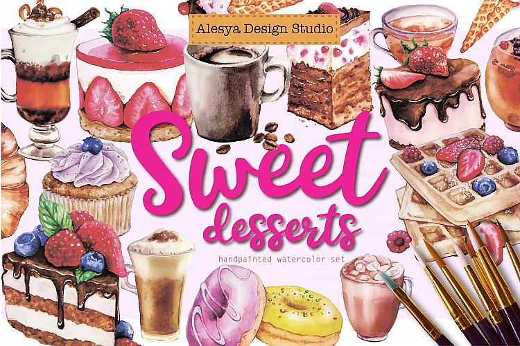 Sweet desserts - watercolor illustrations cakes and coffee